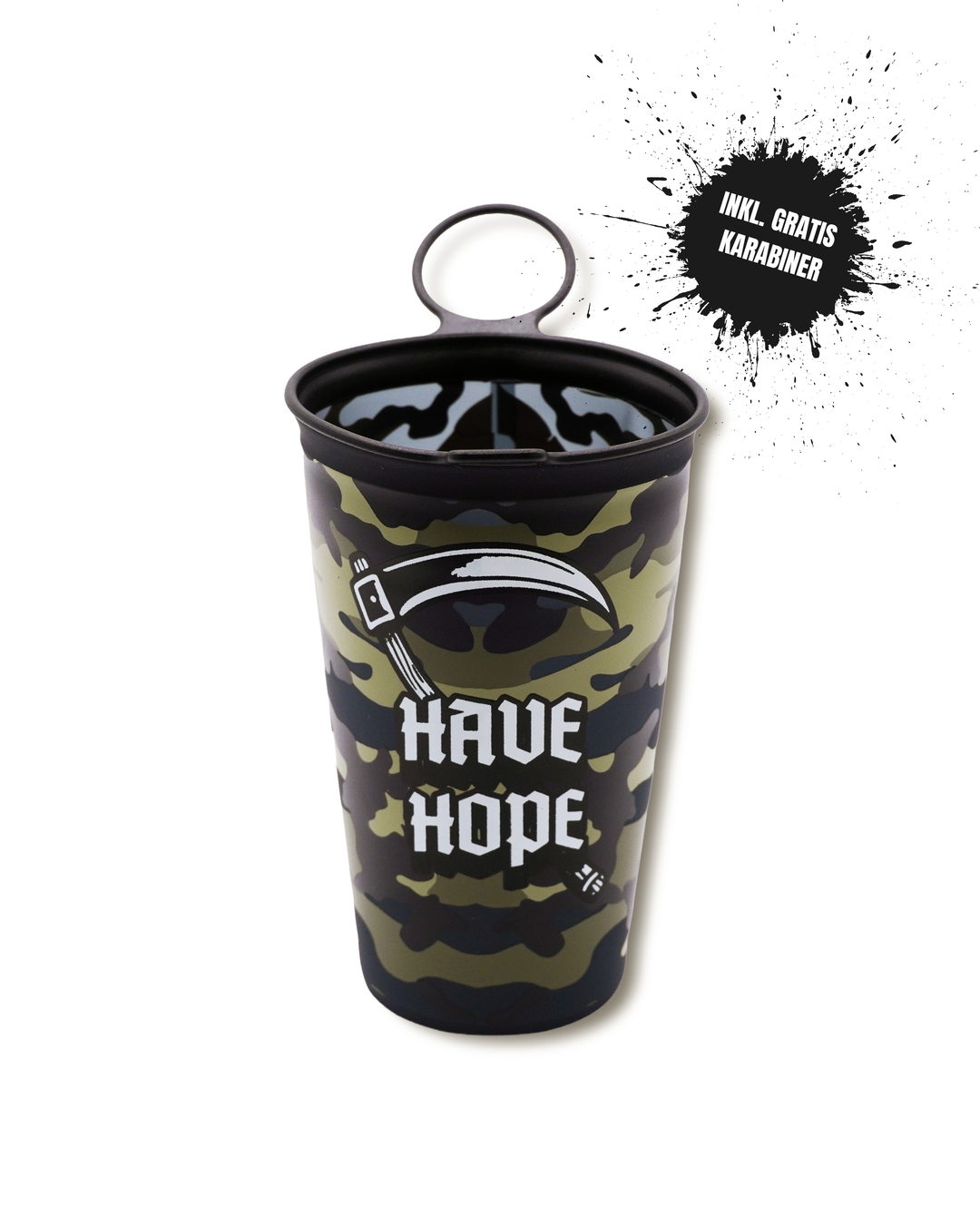 HOPE CUP Full Force – Faltbecher im Camouflage-Design mit Karabiner