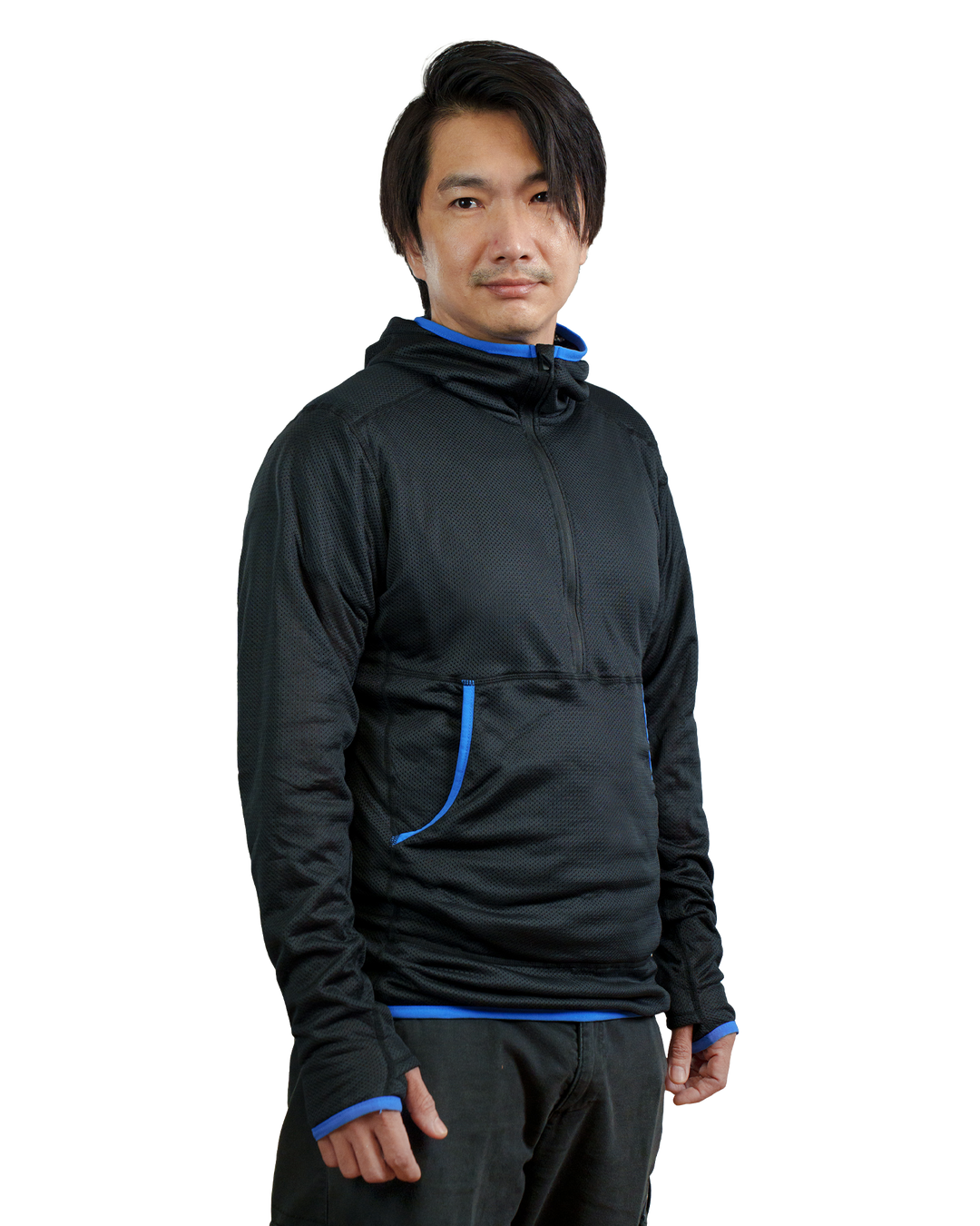 Zpacks Octa Fleece Hoody Pullover – Black w/ Blue Trim – Vorderansicht mit blauen Einfassungen